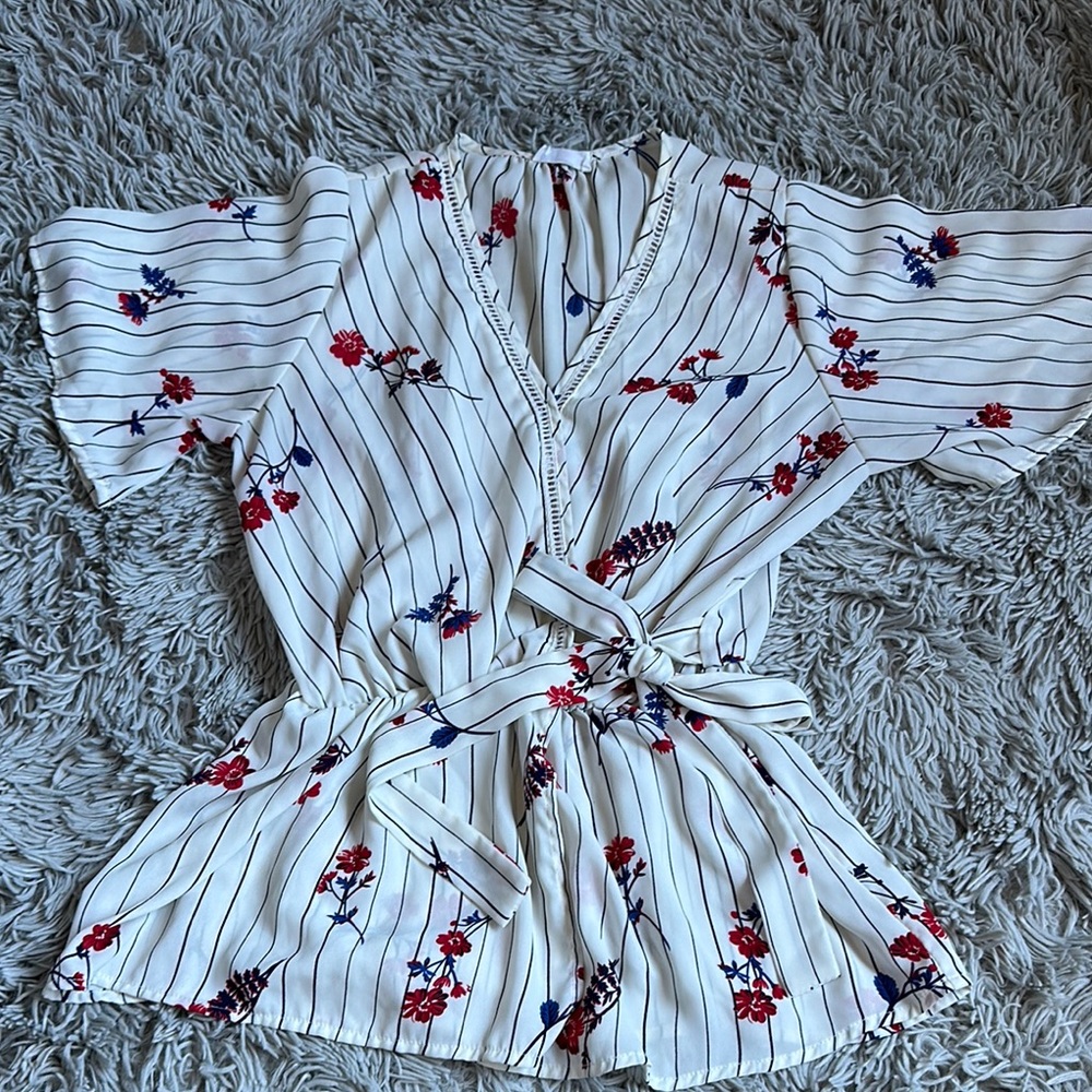 Sienna Sky Floral Striped Blouse - White with Red and Blue